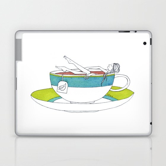 Natula & Tea - woman having a hot bath in a tea cup, self care rituals, funny cartoon-style illustration Laptop & iPad Skin