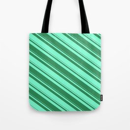 [ Thumbnail: Sea Green and Aquamarine Colored Striped/Lined Pattern Tote Bag ]