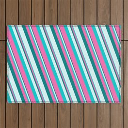 [ Thumbnail: Teal, Light Cyan, Dark Turquoise, and Hot Pink Colored Pattern of Stripes Outdoor Rug ]