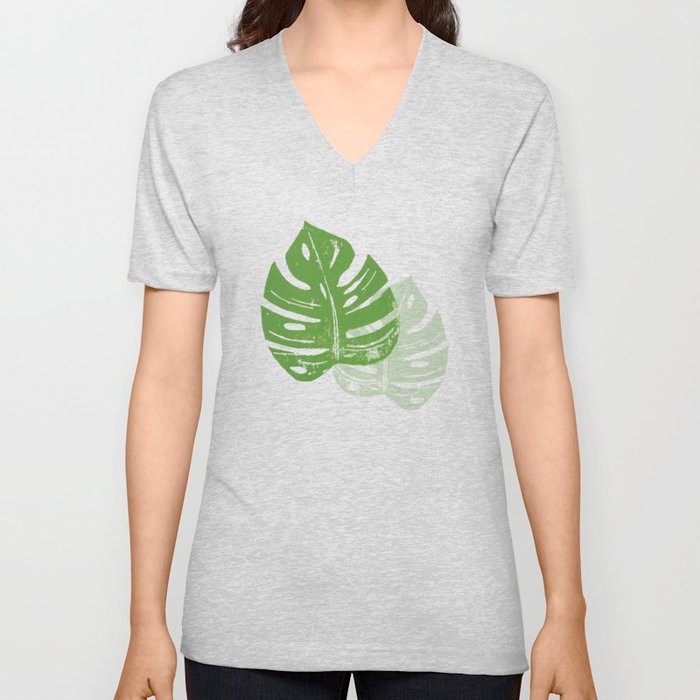 Linocut Monstera Leaf Pattern V Neck T Shirt