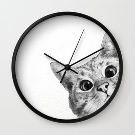 sneaky cat Wall Clock | Design, Kitten, Funny, Illustration, Sneaky, Corner, Modern, Black and White, Curated, Drawing 