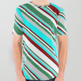 [ Thumbnail: Eyecatching Sea Green, Light Grey, Cyan, Dark Red, and White Colored Lines Pattern All Over Graphic Tee ]