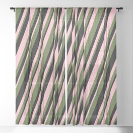 [ Thumbnail: Pink, Dark Olive Green & Black Colored Stripes Pattern Sheer Curtain ]