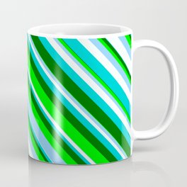[ Thumbnail: Lime, Light Sky Blue, Mint Cream, Dark Turquoise & Dark Green Colored Lines/Stripes Pattern Coffee Mug ]