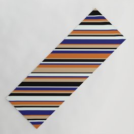 [ Thumbnail: Eyecatching Tan, Black, Mint Cream, Midnight Blue & Chocolate Colored Striped Pattern Yoga Mat ]