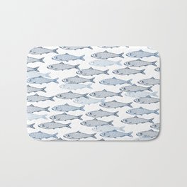 Schooling Fish - White Bath Mat | Fishing, Water, Sea, Pattern, Graphicdesign, Sardine, Classicblue, Animal, Blueandwhite, Fish 