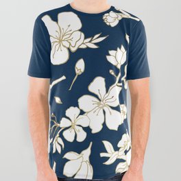 White and Gold Blossoms on Navy All Over Graphic Tee