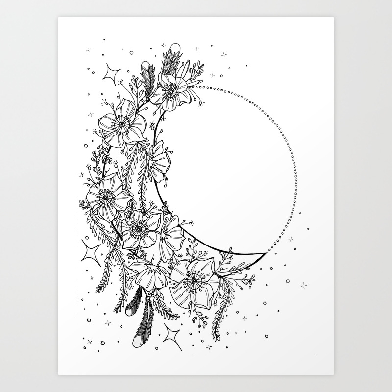 White Flower Moon Stardust Crescent Moon Dream Catcher Art