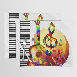 Colorful  music instruments painting, guitar, treble clef, piano, musical notes, flying birds Placemat