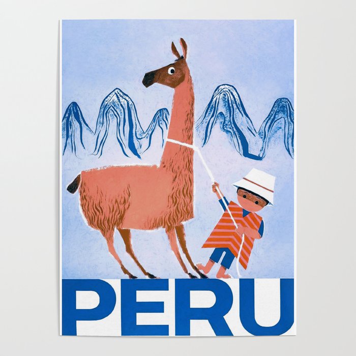 Llama and Young Boy, Peru Retro Vintage Travel Poster Poster
