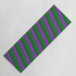 [ Thumbnail: Dark Orchid & Green Colored Lined/Striped Pattern Yoga Mat ]