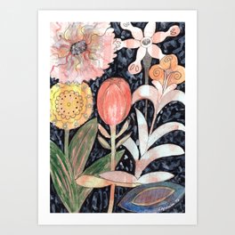 Mixed Flowers with Tulip on Black Art Print
