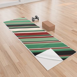 [ Thumbnail: Colorful Beige, Maroon, Dark Sea Green, Sea Green, and Black Colored Striped Pattern Yoga Towel ]