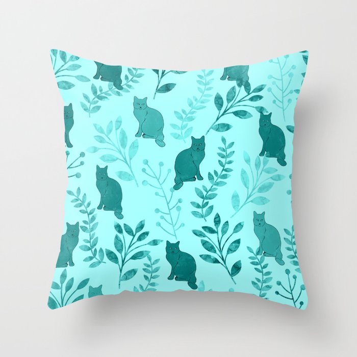 Watercolor Floral and Cat VIII Throw Pillow