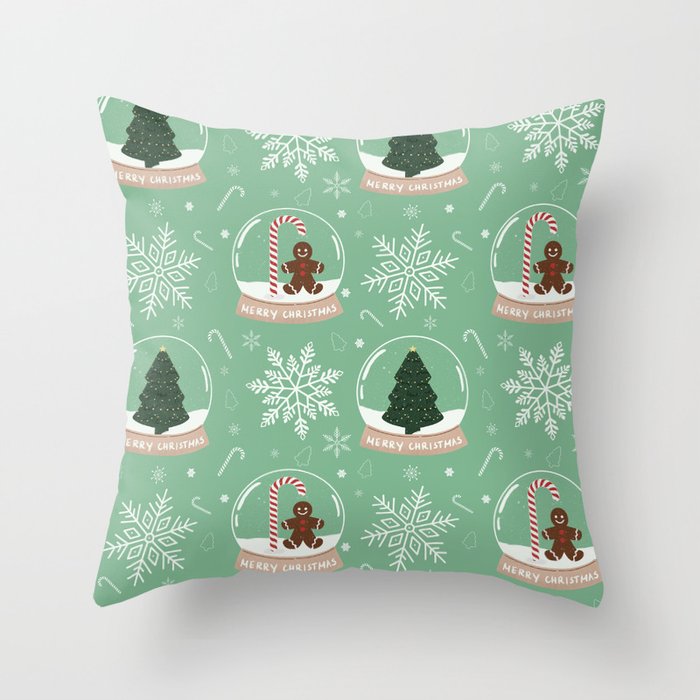 Christmas Snow Globe Pattern: Mint Throw Pillow