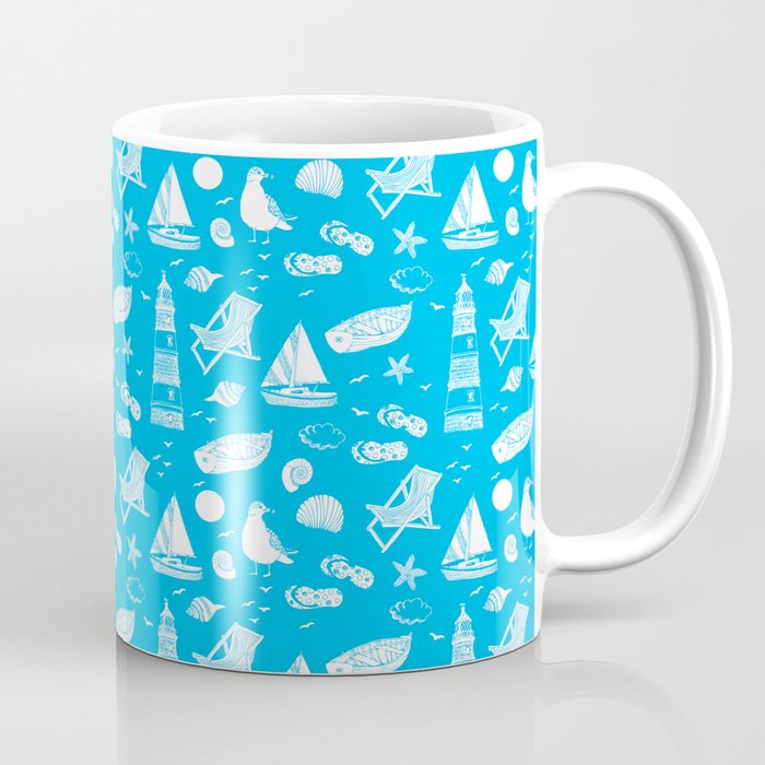 Turquoise And White Summer Beach Elements Pattern Coffee Mug