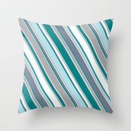 [ Thumbnail: Slate Gray, Teal, Powder Blue, Dark Grey, and Mint Cream Colored Lines/Stripes Pattern Throw Pillow ]
