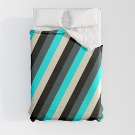 [ Thumbnail: Dark Slate Gray, Cyan, Beige, and Black Colored Lines Pattern Duvet Cover ]