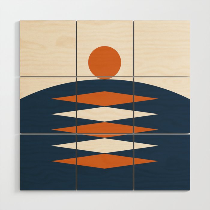 Abstract Geometric Sunrise 21 in Navy Blue Orange Wood Wall Art