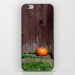 Orange pumpkin by wooden door iPhone Skin