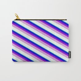 [ Thumbnail: Blue, Dark Violet, Plum, Mint Cream & Turquoise Colored Stripes/Lines Pattern Carry-All Pouch ]