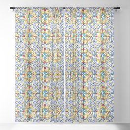 Mediterranean tiles,lemon fruit,mosaic art Sheer Curtain