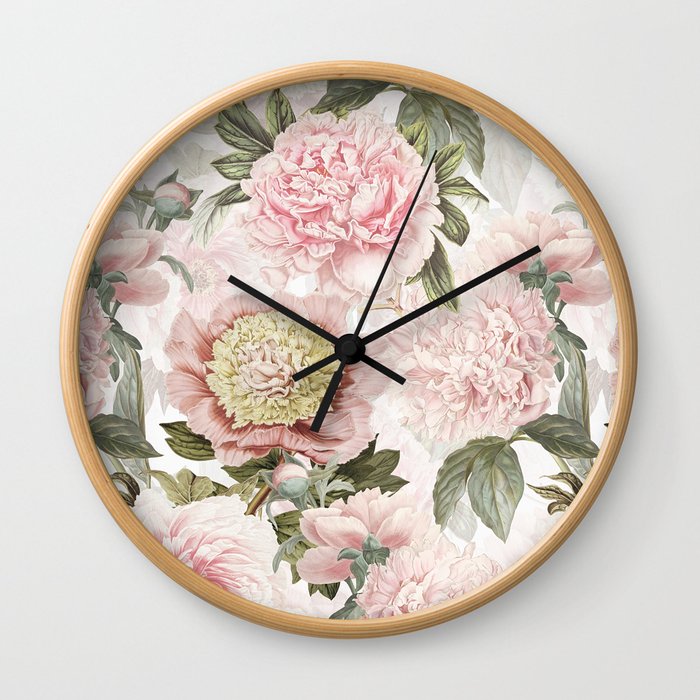 Vintage & Shabby Chic - Antique Pink Peony Flowers Garden Wall Clock