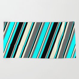 [ Thumbnail: Beige, Dim Grey, Aqua & Black Colored Lines/Stripes Pattern Beach Towel ]