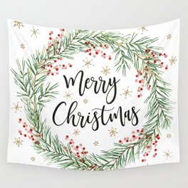 Merry Christmas wreath with red berries Wall Tapestry