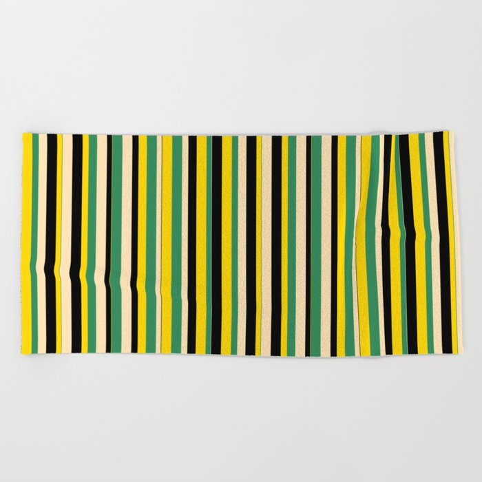 Sea Green, Beige, Black & Yellow Colored Pattern of Stripes Beach Towel