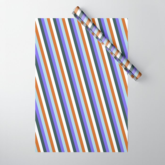 Light Blue, Medium Slate Blue, Dark Slate Gray, White, and Chocolate Colored Lined/Striped Pattern Wrapping Paper