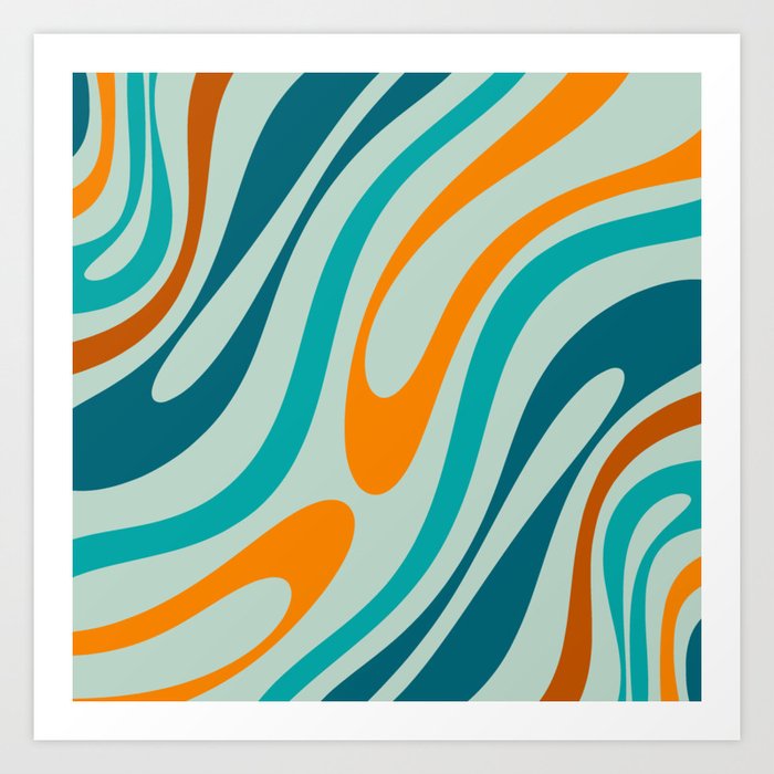 Wavy Loops Retro Abstract Pattern in Teal Aqua Orange Art Print