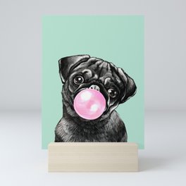 Bubble Gum Black Pug in Green Mini Art Print