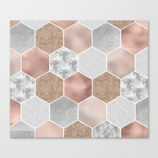 Gentle rose gold and marble hexagons Canvas Print