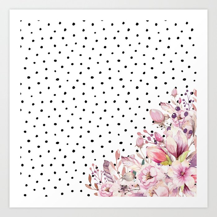 Boho Blush Flowers and Polka Dots Art Print