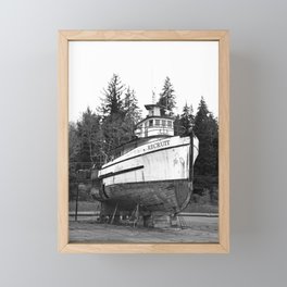 Wooden Boat F/V Shipyard Nautical Boatyard Fisherman Fishing Industrial Black and White Astoria Oregon Columbia River Northwest Framed Mini Art Print