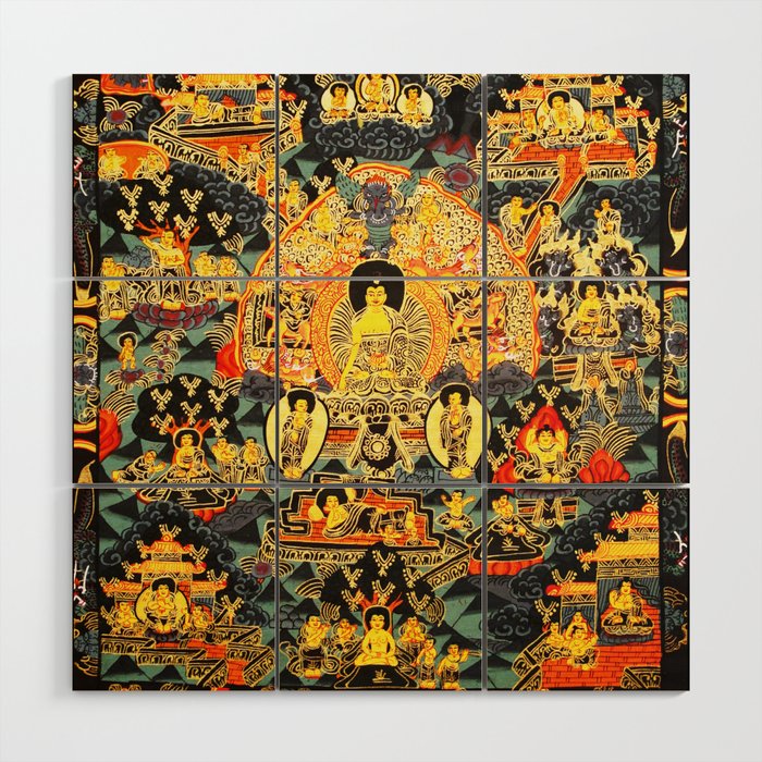 Buddhist Mandala Life of Buddha Gold Red Wood Wall Art