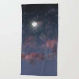 Glowing Moon on the night sky through pink clouds Beach Towel