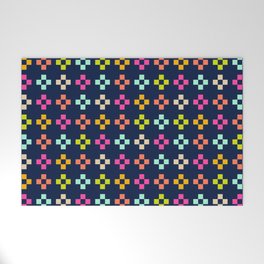 Pixel art - bright multi-coloured cross check on navy blue Welcome Mat
