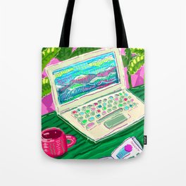 Colorful illustration with laptop and a cup of tea Tote Bag