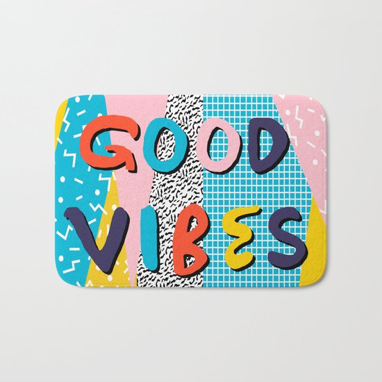 Check it - good vibes happy smiles fun modern memphis throwback art 1980's 80's 80s 1980s 1980 neon Bath Mat