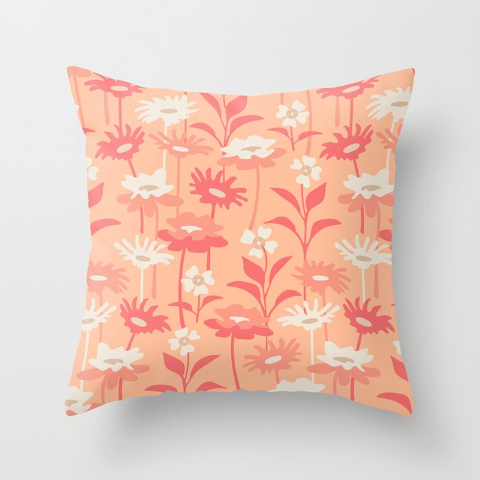 GARDEN MEADOW Retro Cottage Wildflower Floral in Orange Peach Fuzz - UnBlink Studio by Jackie Tahara Throw Pillow