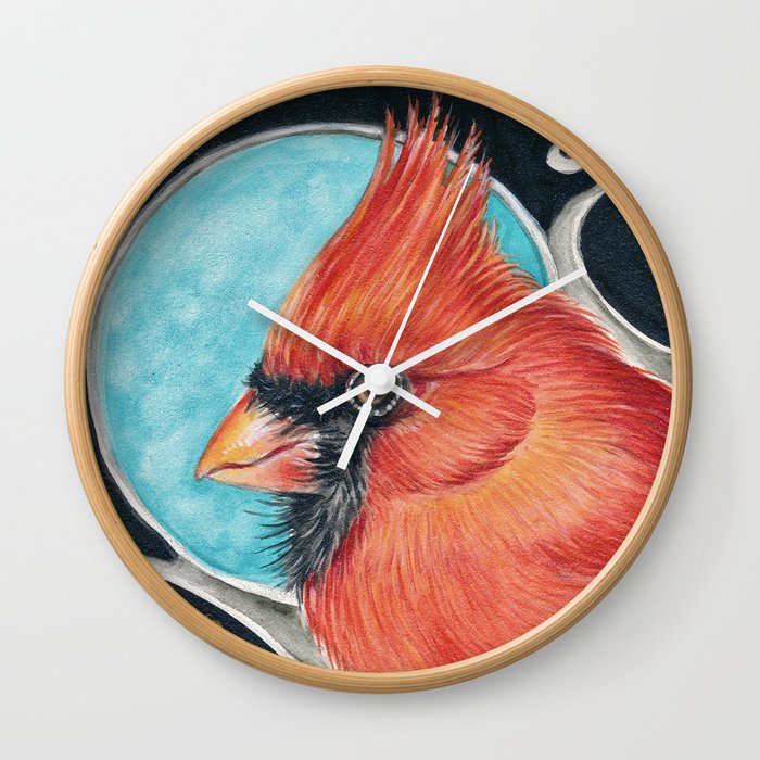 Red  Cardinal Bird Watercolour Human Made Art Painting  Wall Clock