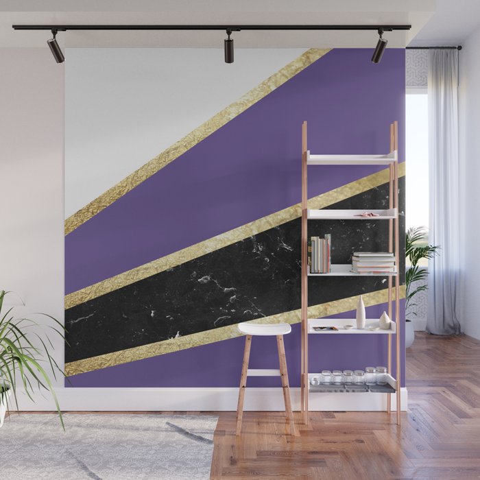 Ultra Violet, White, Black Marble and Gold Stripes Glam #1 (Faux Foil) #decor #art #society6 Wall Mural