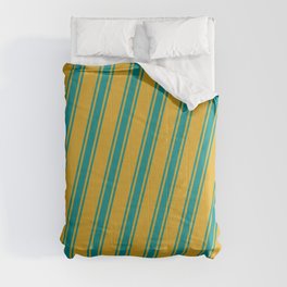 [ Thumbnail: Goldenrod & Dark Cyan Colored Lines Pattern Comforter ]