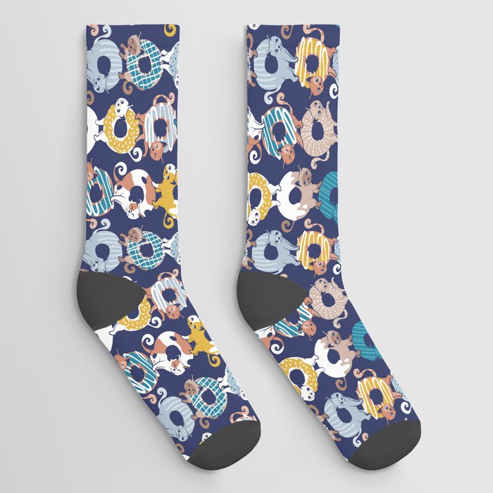 Cats Donut Care // blue background goldenrod yellow mustard, teal pastel blue and brown sweet kitties Socks
