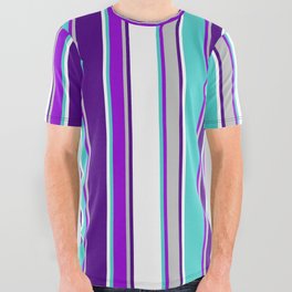 [ Thumbnail: Eyecatching Turquoise, Dark Violet, Grey, Indigo, and White Colored Pattern of Stripes All Over Graphic Tee ]