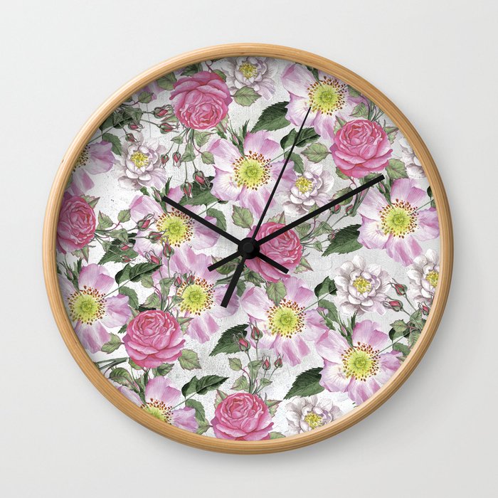 Vintage Rose Pattern Pink and White Wall Clock