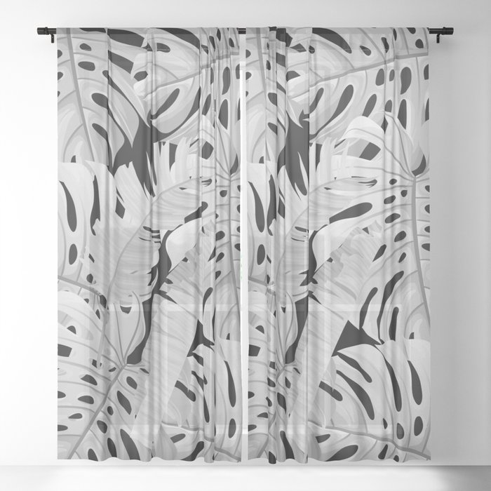 MONSTERA black & white modern botanical art Sheer Curtain by Little ...