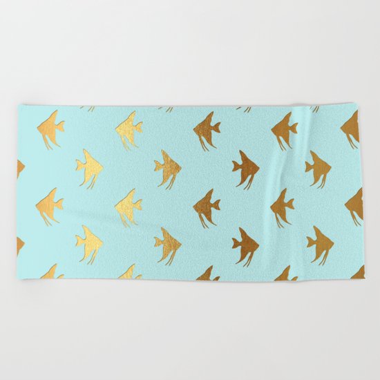 Gold Metal Foil Fish Pattern-Golden Fishes on Aqua Beach Towel